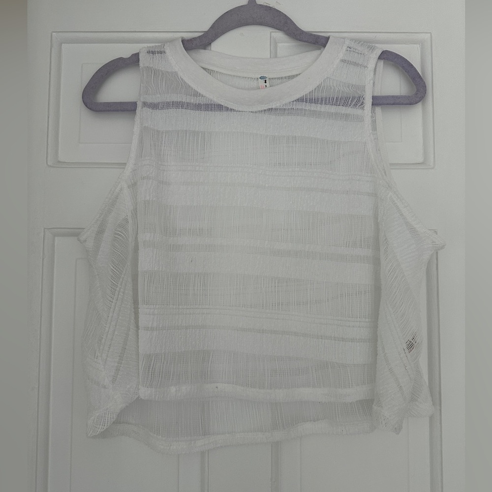 Free People FP Movement White Sheer Striped Summer Tank Top in Size Medium
